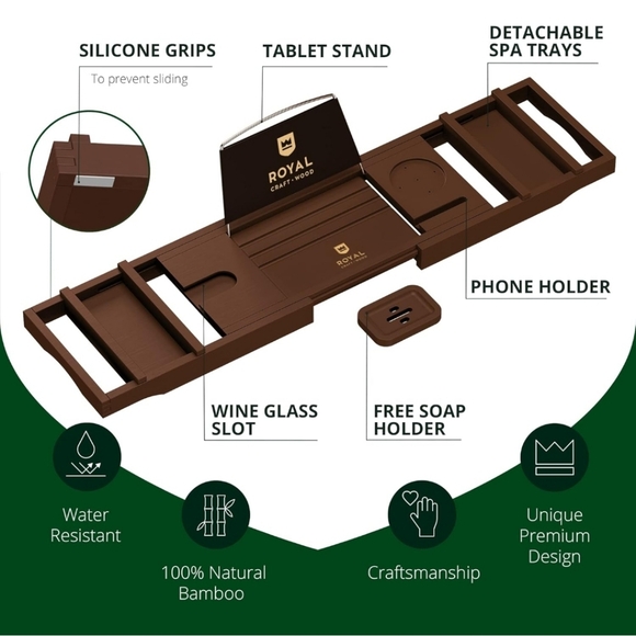 ROYAL CRAFT WOOD Bathtub Tray Caddy Bamboo Expandable22.01"L x 30.98"W x 10.98"H - Picture 4 of 7